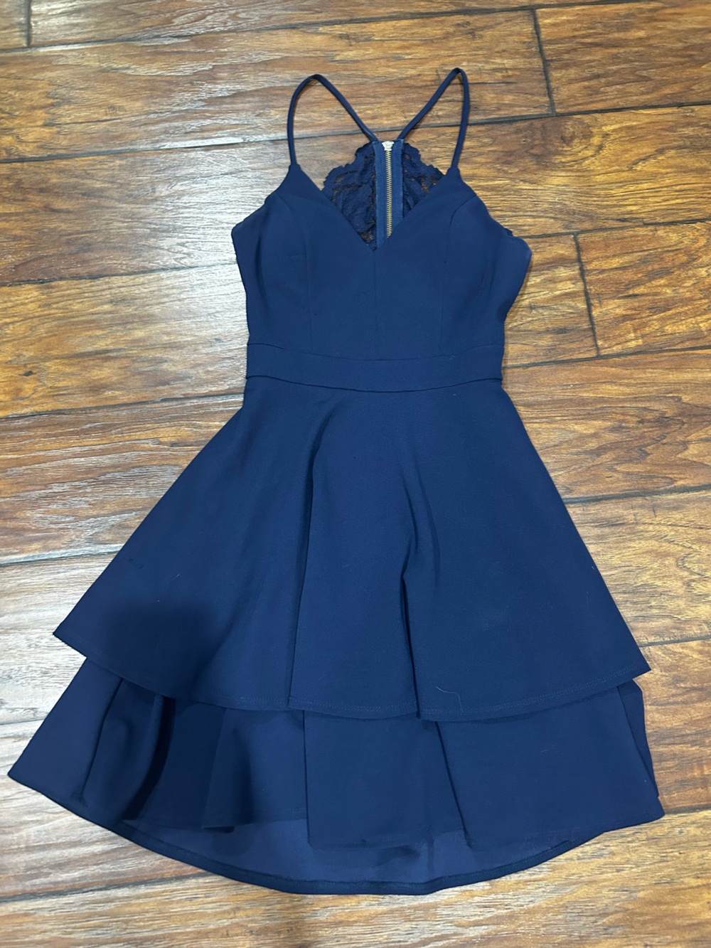 B Darlin Navy Lace-Back Tiered Mini Dress